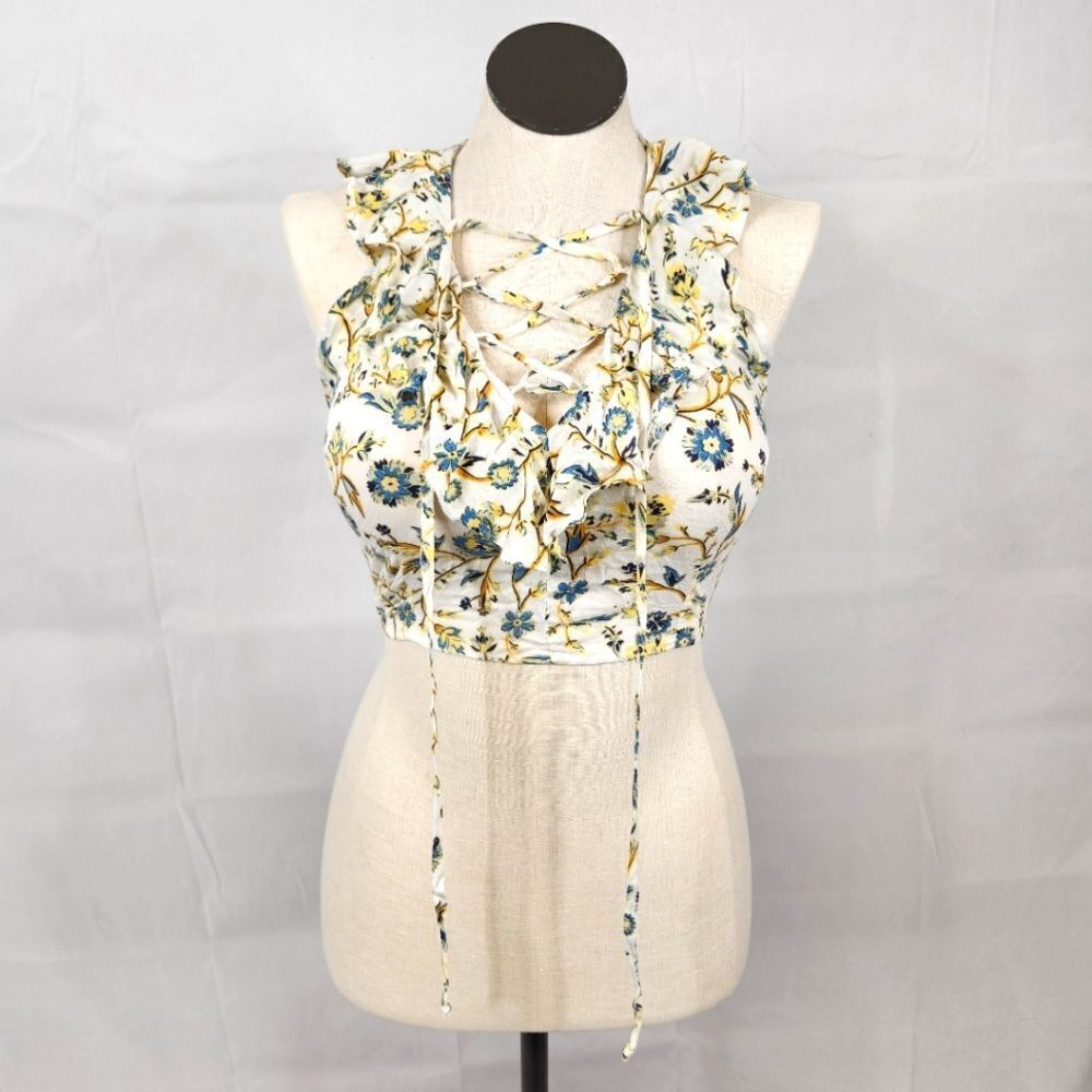 3/$25 Kendall & Kylie Lace Up Ruffle Floral Halter Crop Top Sz M